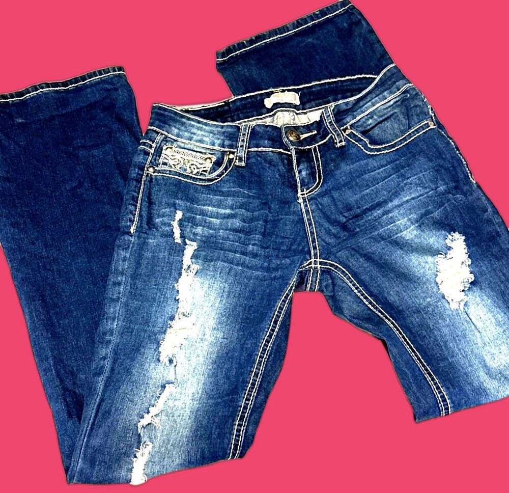 Soundgirl Women's Jeans Size 5 Blue Denim Studded Embellished Distressed Bootcut